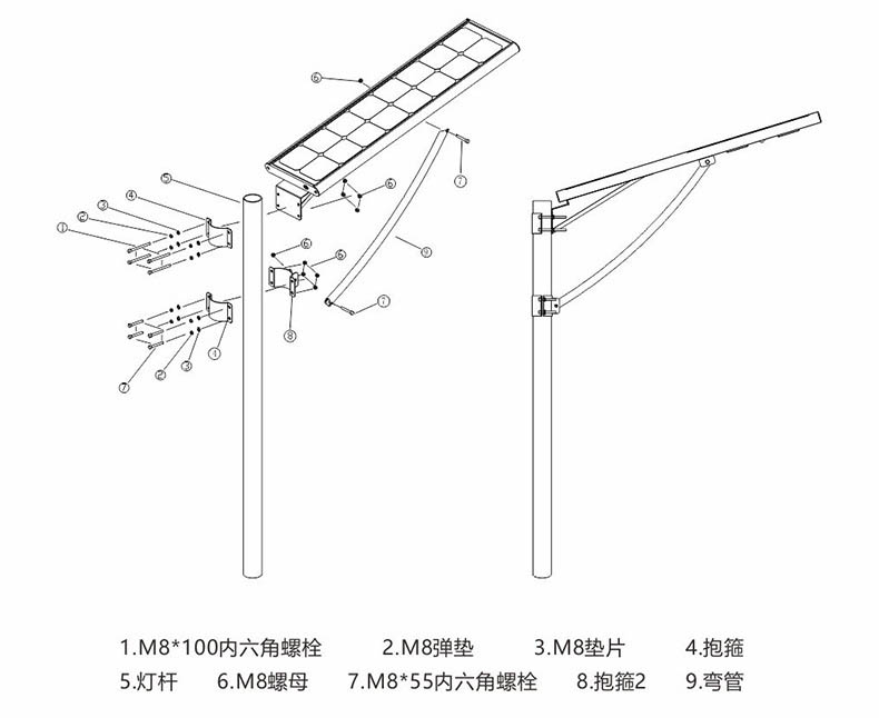 东莞榴莲视频污污照明抱箍式一体化LED太阳能路灯安装示意图