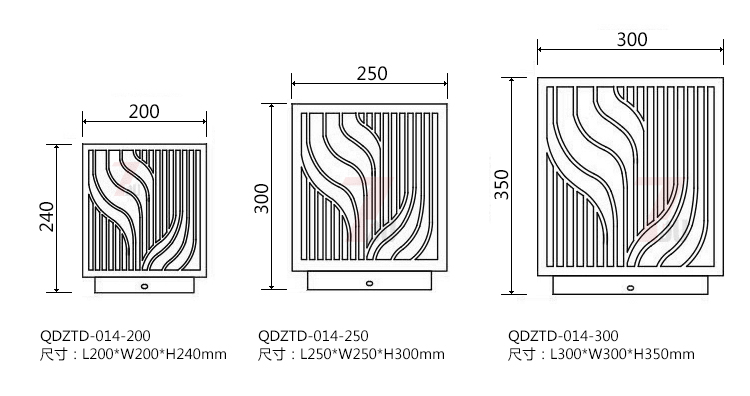 (QDZTD-014)古铜拉丝割花方形矮柱柱头灯200mm、250mm、300mm尺寸示意图