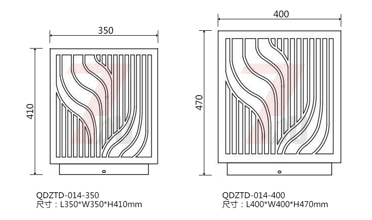 (QDZTD-014)古铜拉丝割花方形矮柱柱头灯350mm、400mm大规格尺寸示意图